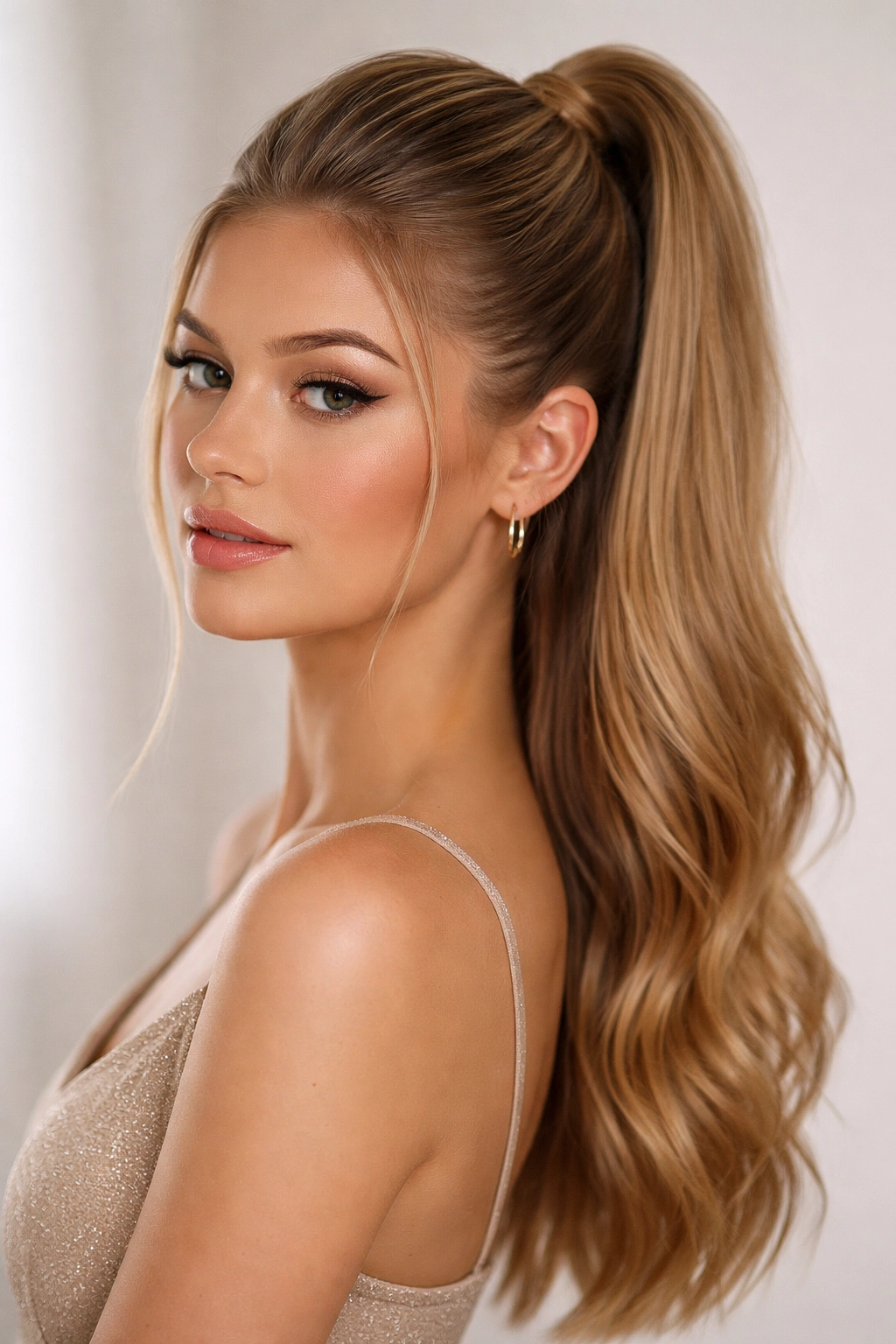 Sleek high ponytail half-up hairstyle with smooth top and loose bottom