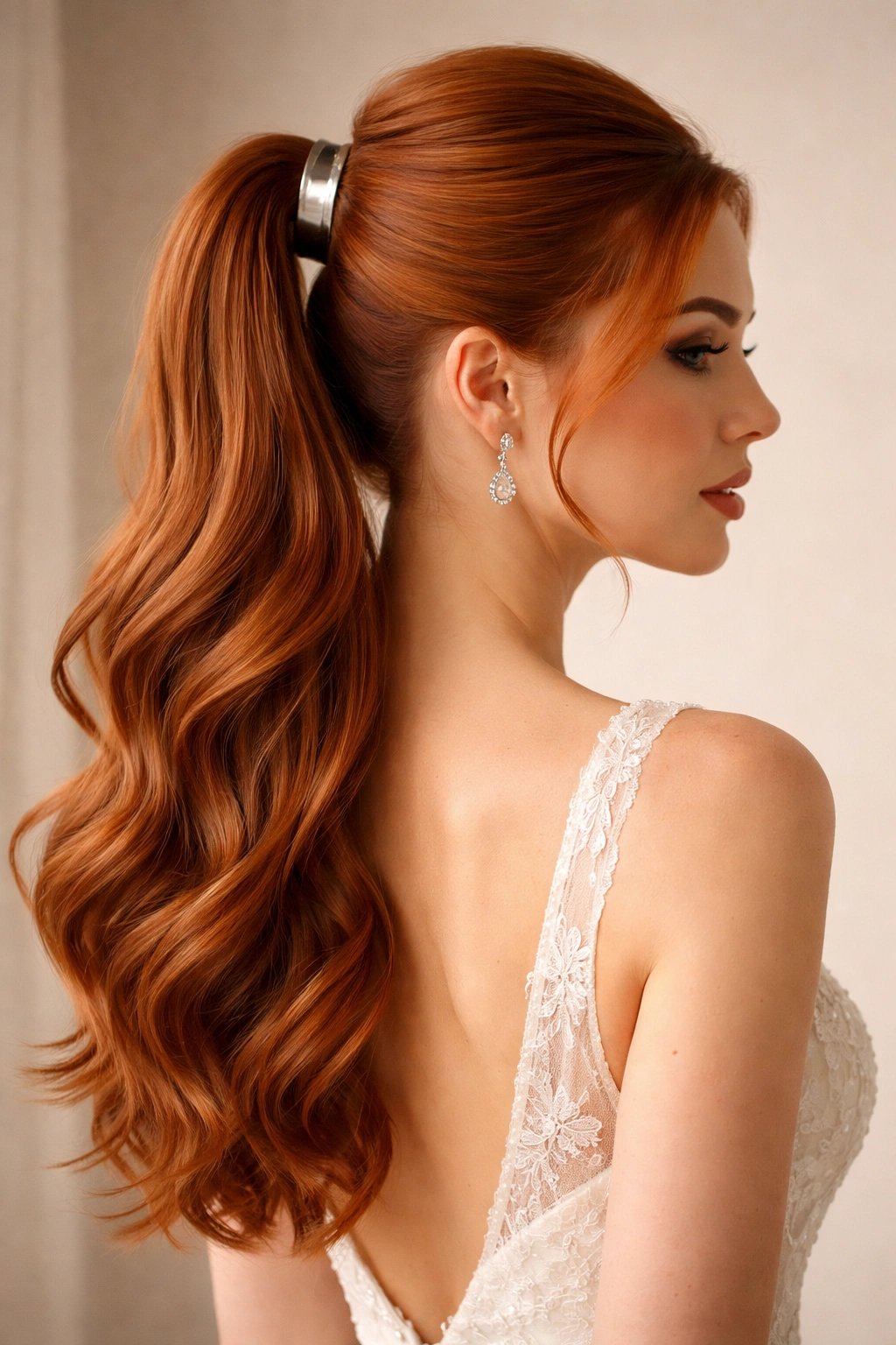 Sleek half-up ponytail with metallic hair cuff on red-haired bride