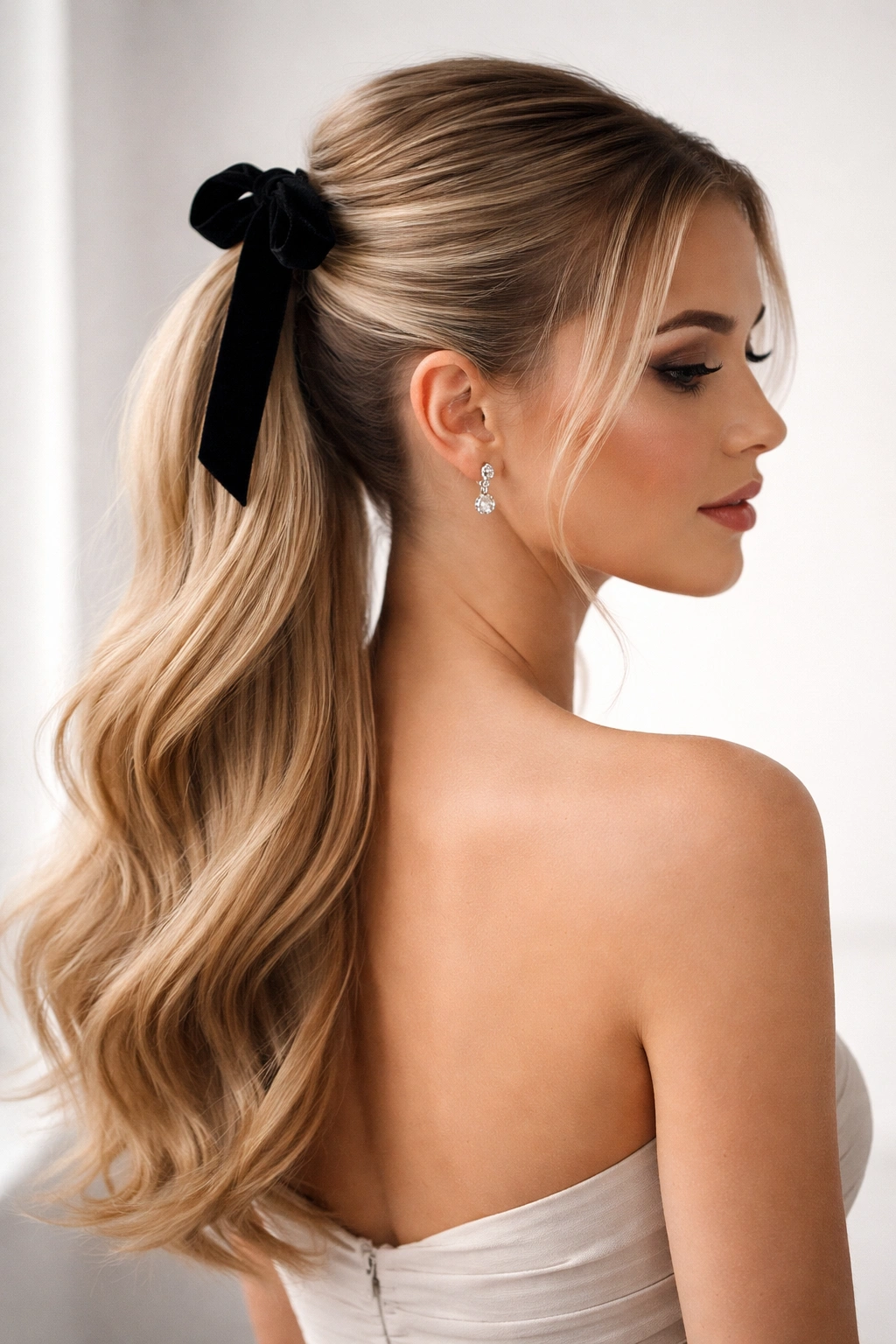 Sleek half-up ponytail with velvet ribbon and smooth ponytail