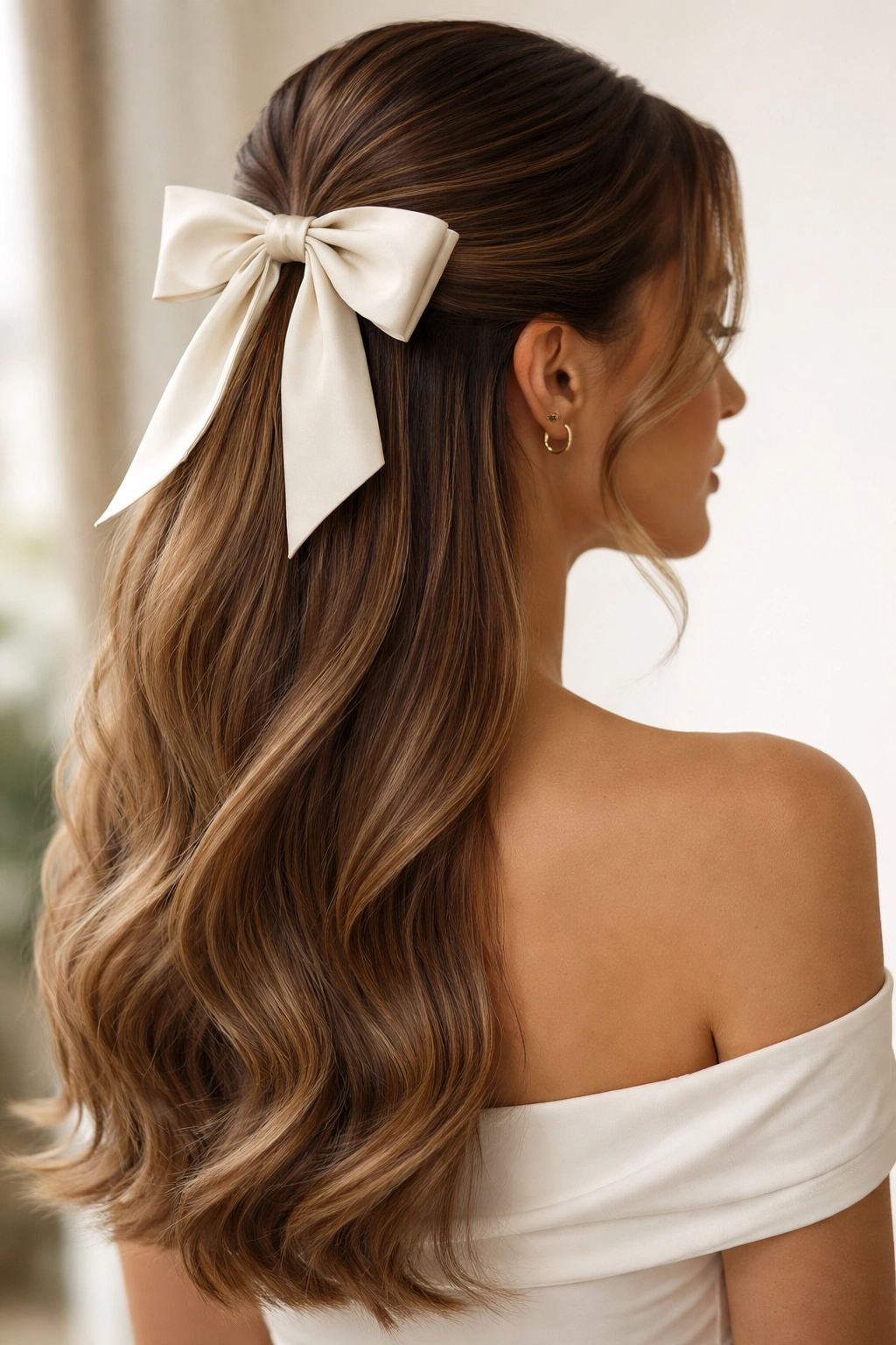Sleek glossy half-up hairstyle with silk bow