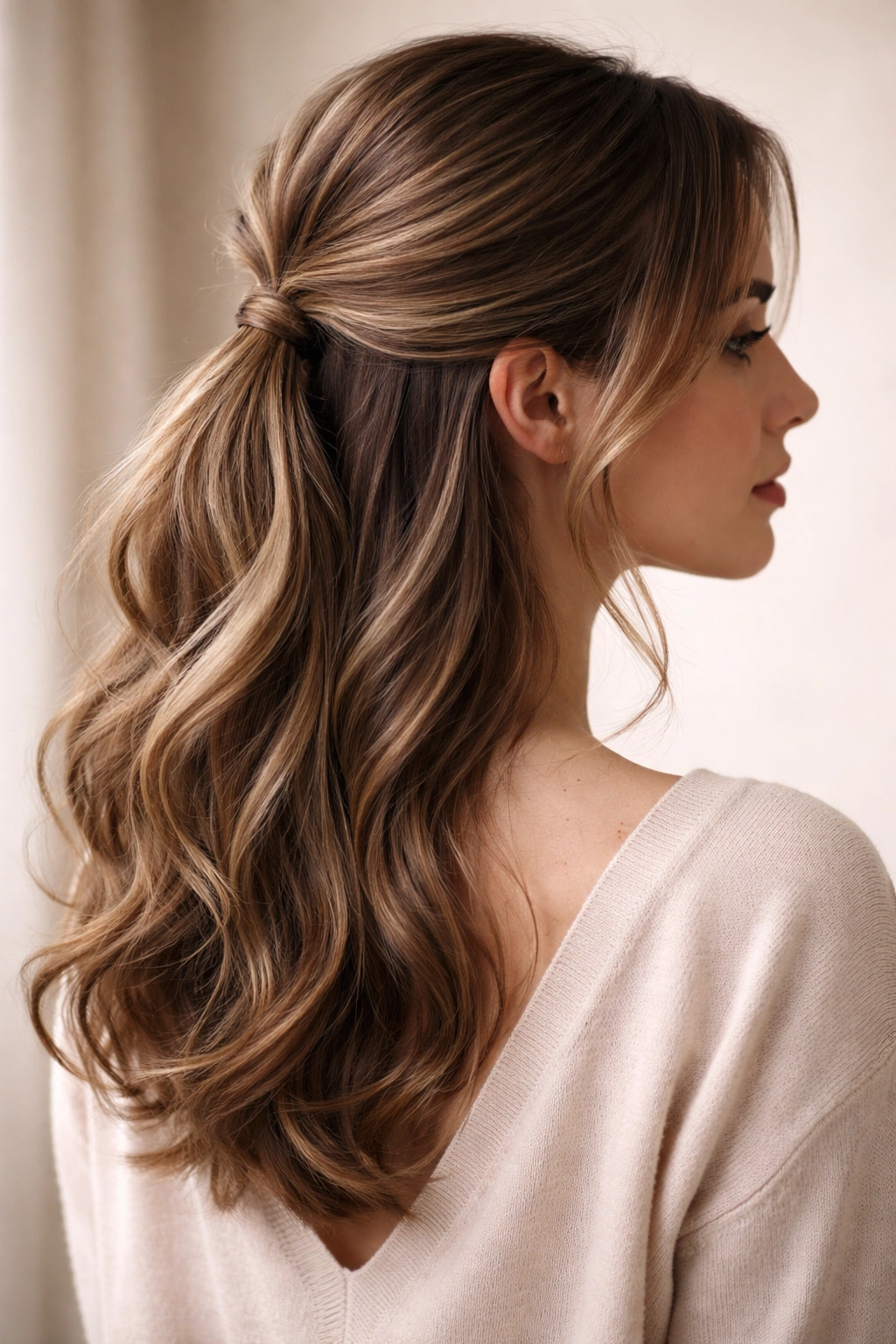 Close-up of sleek low half-up hairstyle with loose face-framing strands and soft waves
