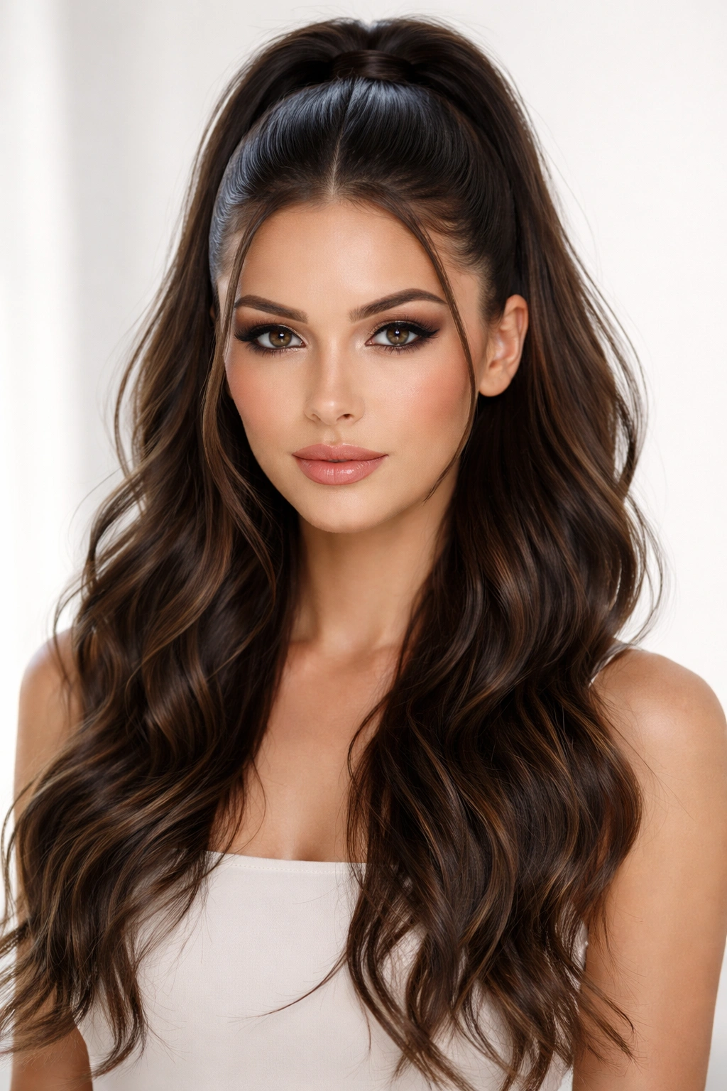 Close-up of sleek upper half and textured lower half in half-up ponytail