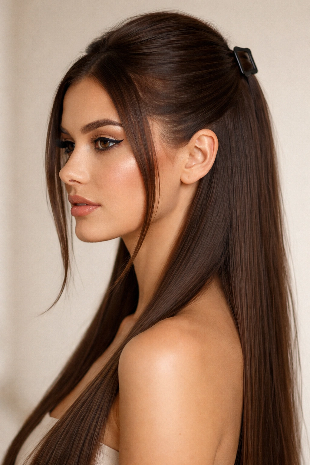 Close-up of a sleek half-up hairstyle with a crown clip on straight hair.