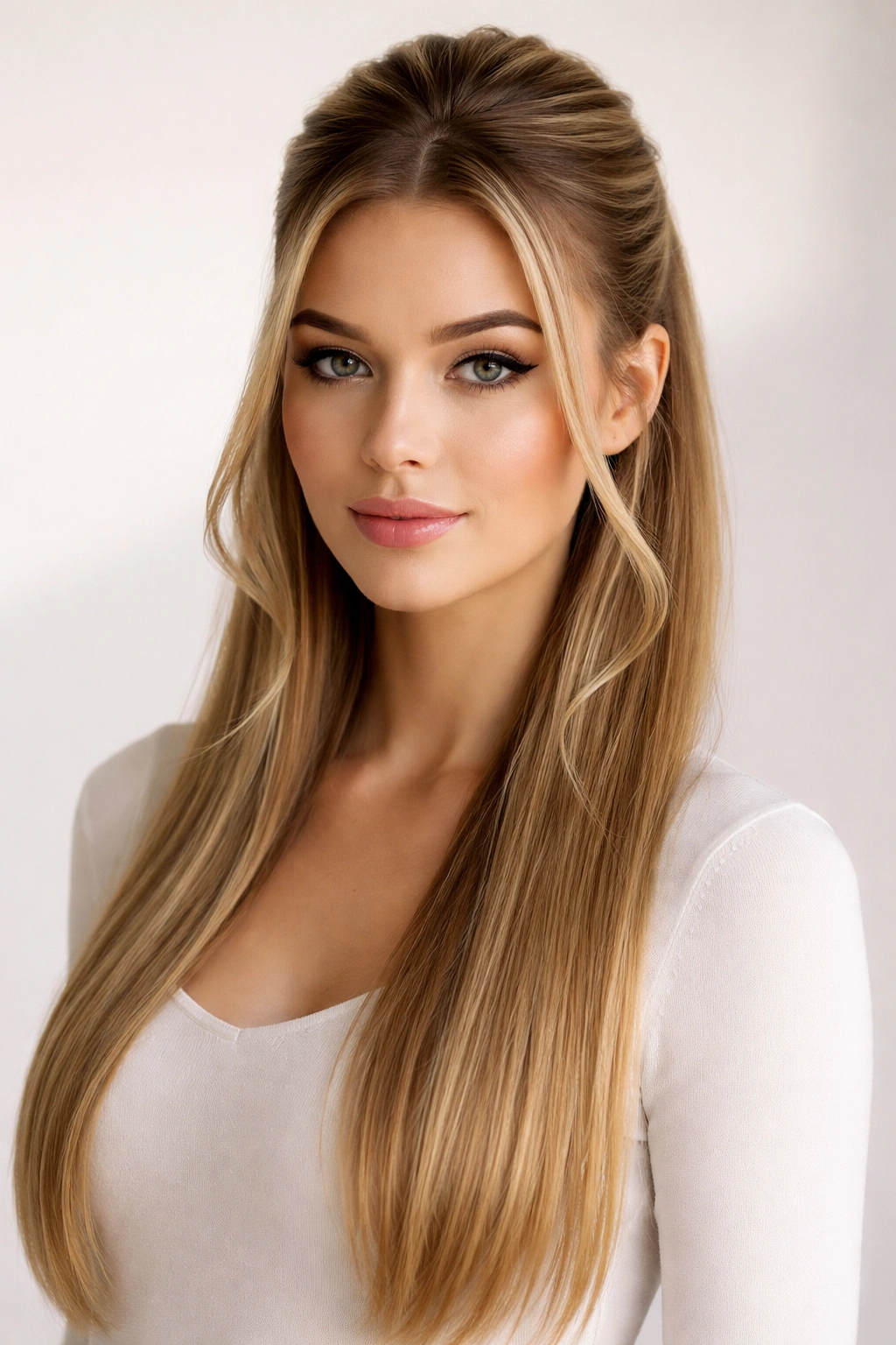 Sleek Half-Up with Straight Pieces on straight hair with curled face-framing sections
