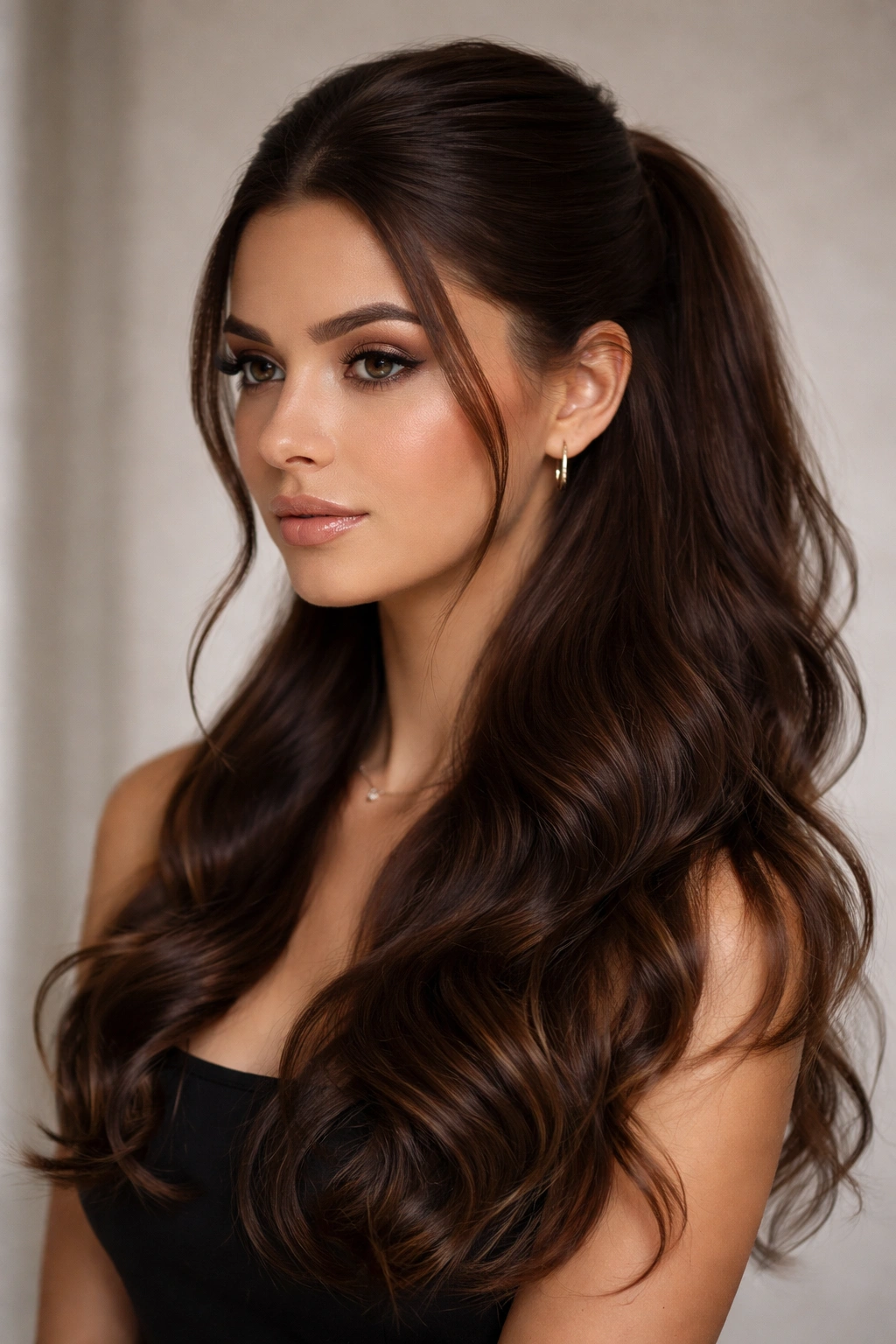 Head-and-shoulders shot of sleek top half-up with wild waves beneath