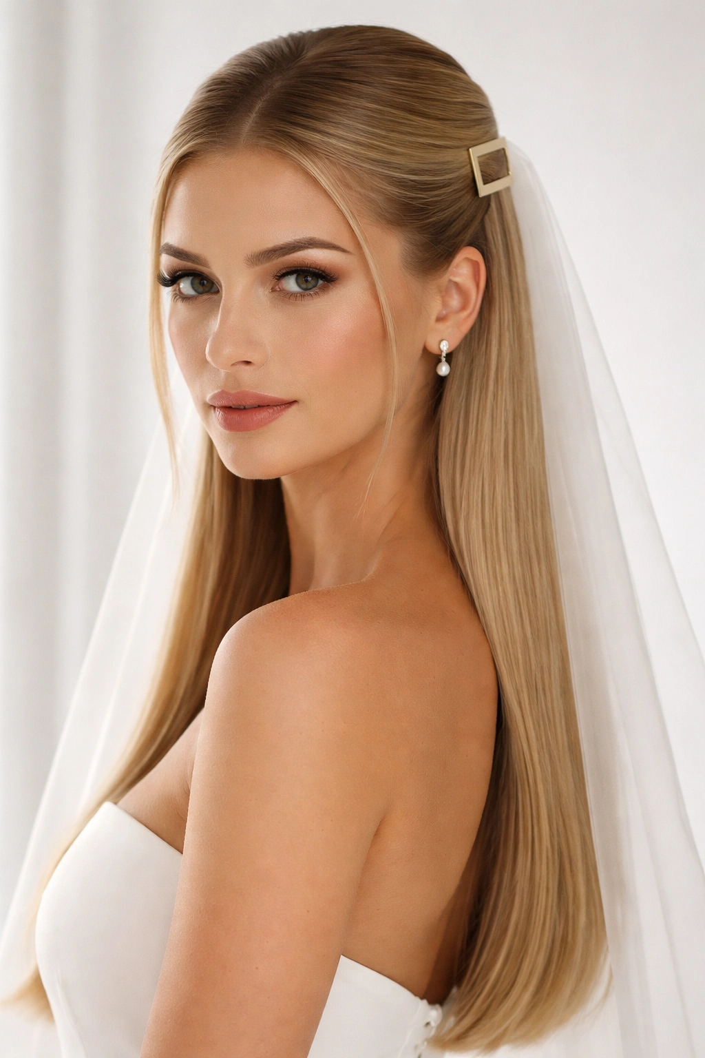 Sleek straight half up hairstyle with a modern veil and geometric clip