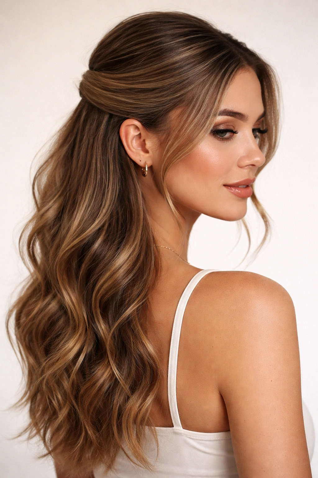 Close-up of a sleek low half-up hairstyle with smooth crown and loose waves