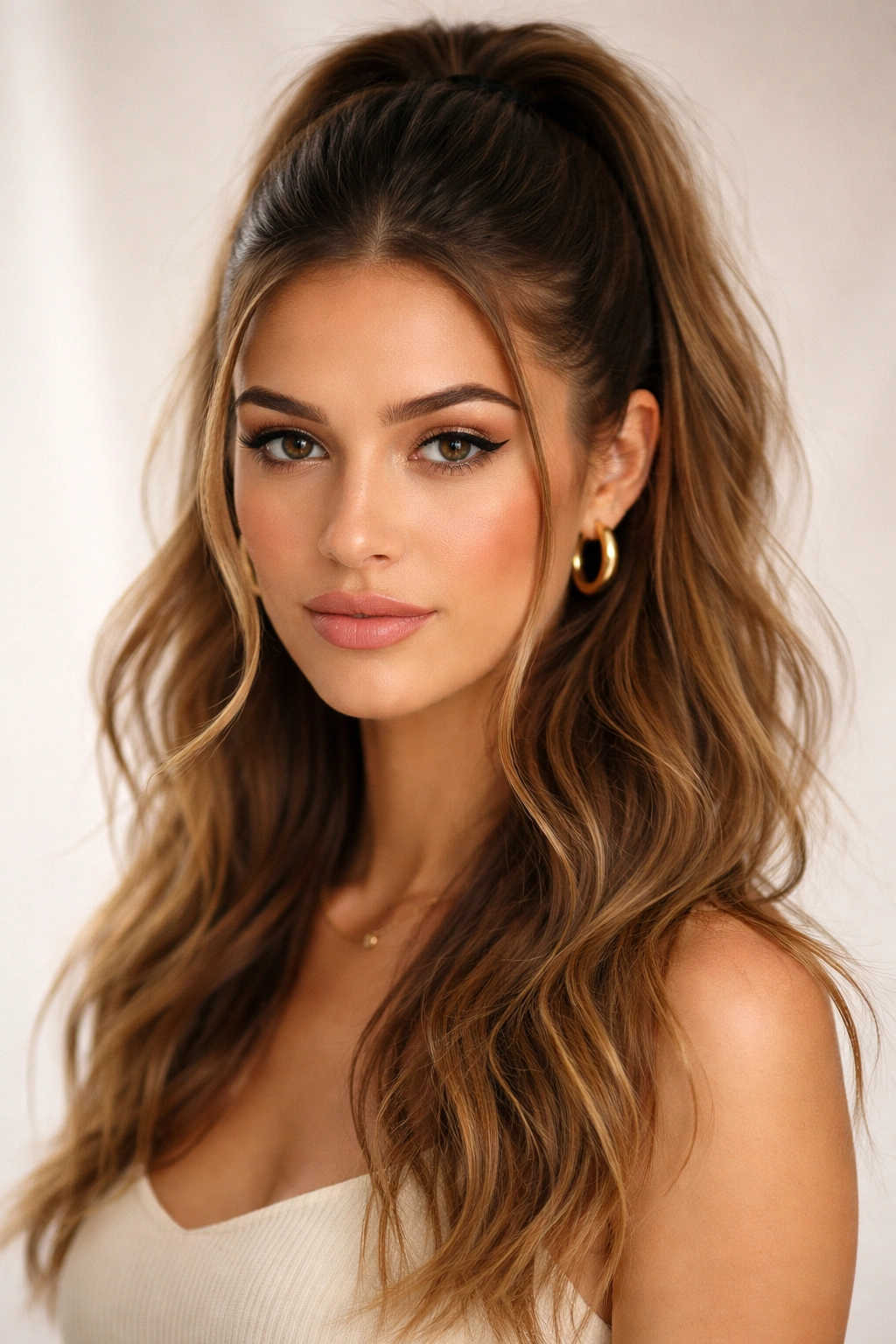 Close-up of a sleek top half with textured, messy lower half in a half-up hairstyle.