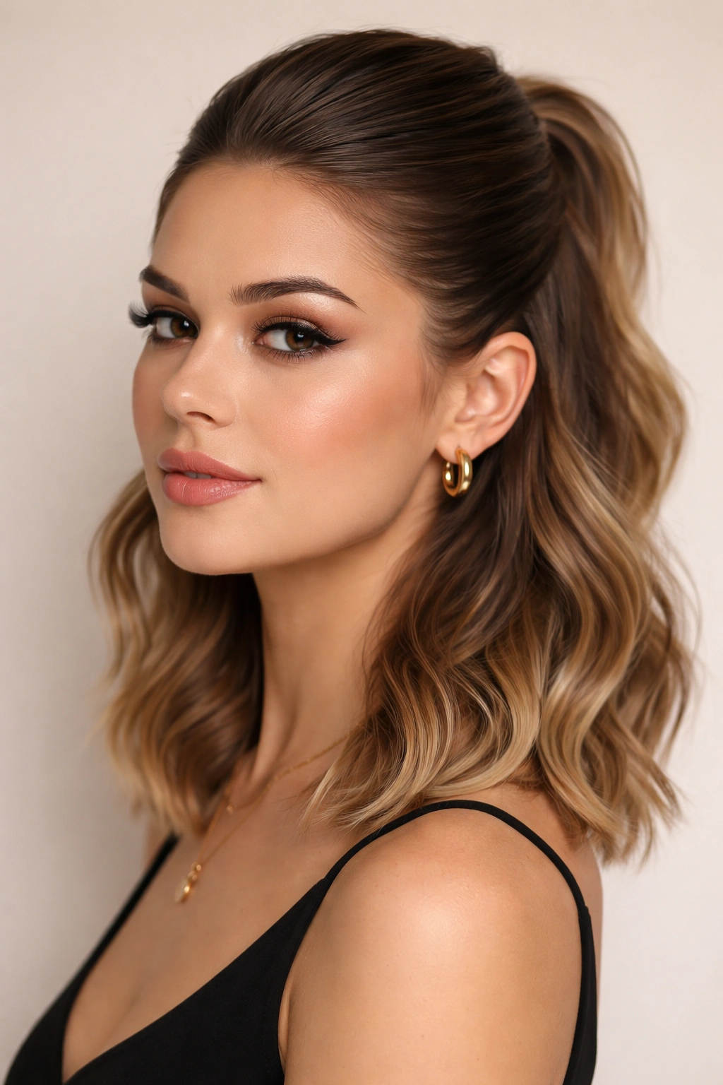 Sleek pulled-back half-up showing smooth top with waves underneath