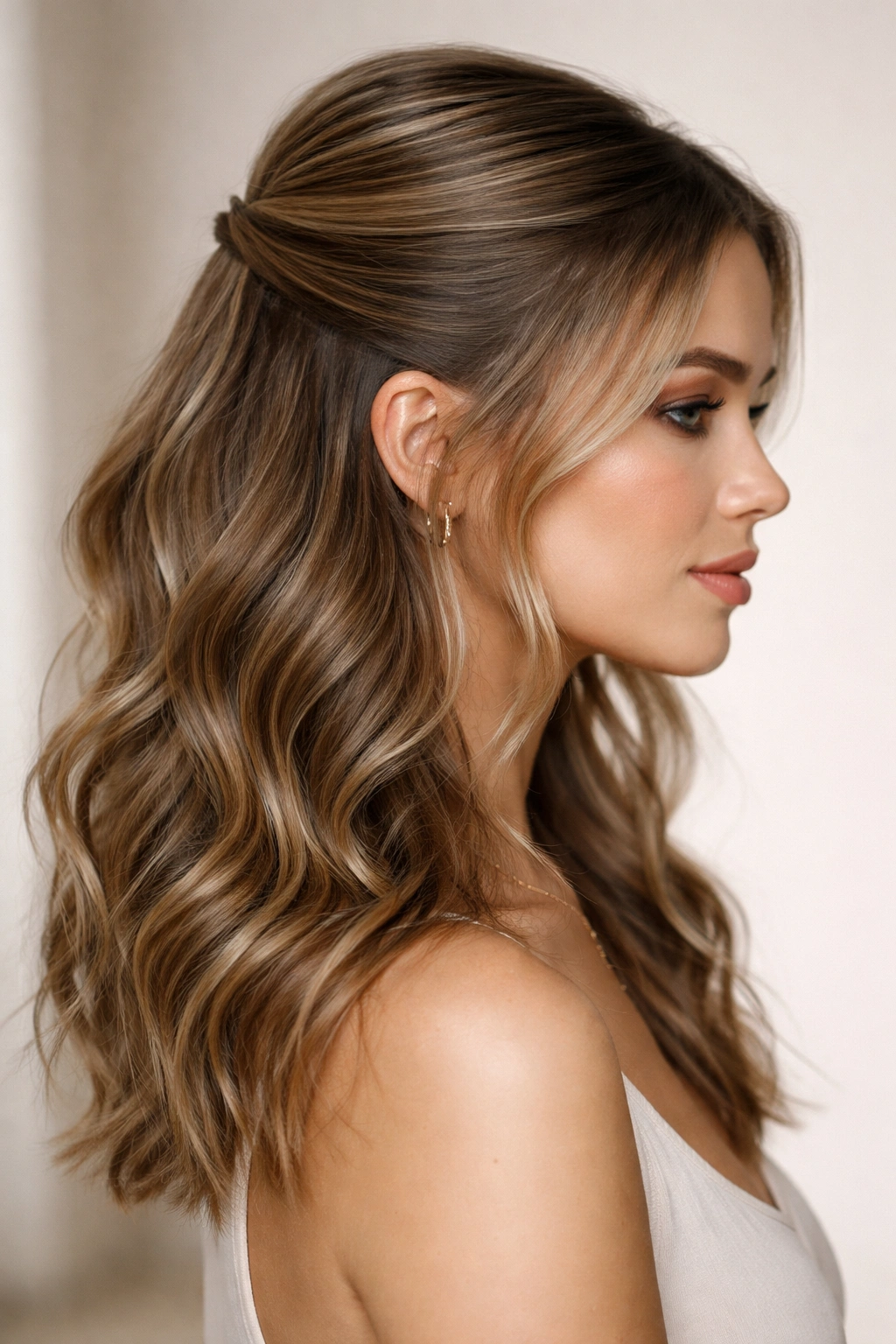 Side view of The Sleek Half-Up with Soft Wave Contrast showing smooth crown and textured waves