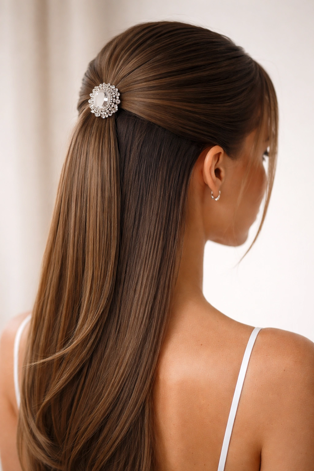 Close-up of a sleek half-up ponytail with a decorative base accessory on glossy hair