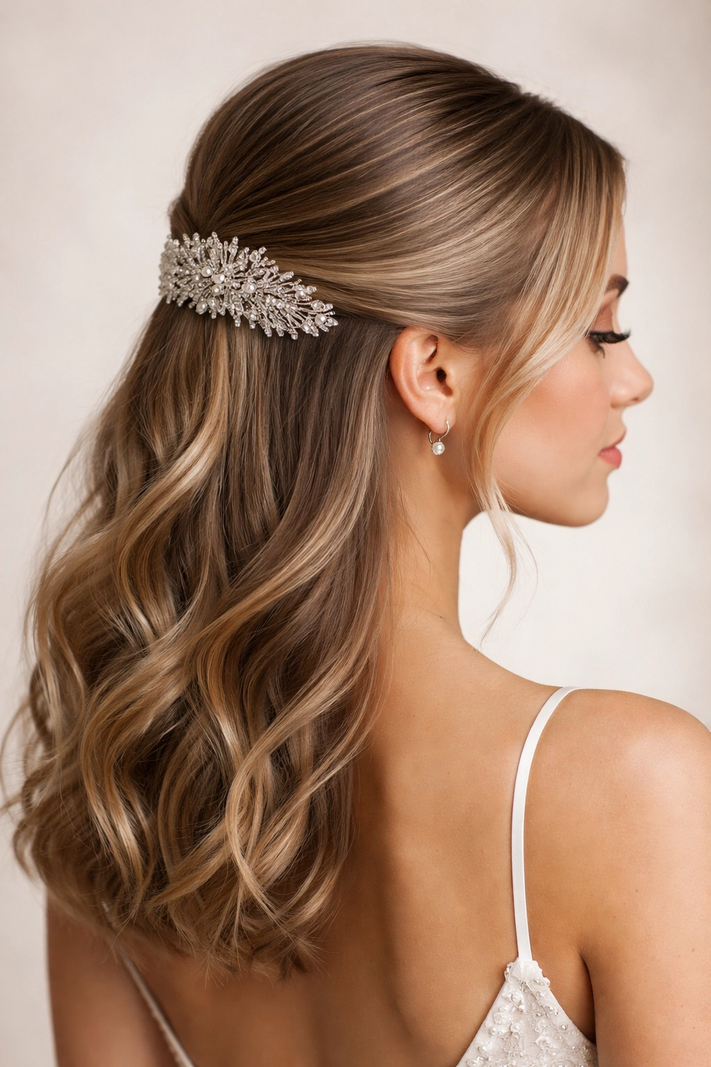 Sleek low half-up hairstyle with a large decorative comb at the base