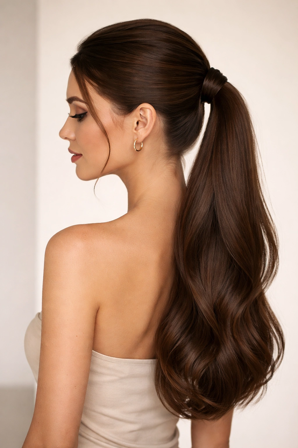 Sleek low ponytail half up hairstyle with smooth, polished finish