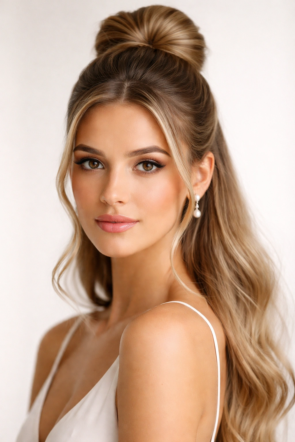 Close-up of Sleek High Bun with Half-Up Detail showing a polished architectural bun