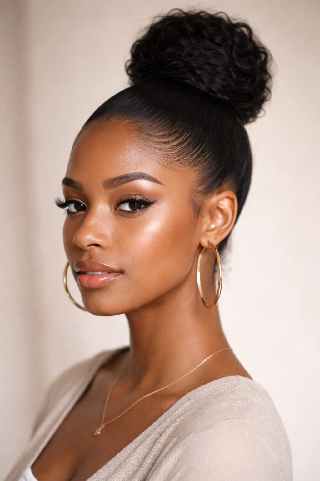 Sleek high bun with a smooth top and polished finish