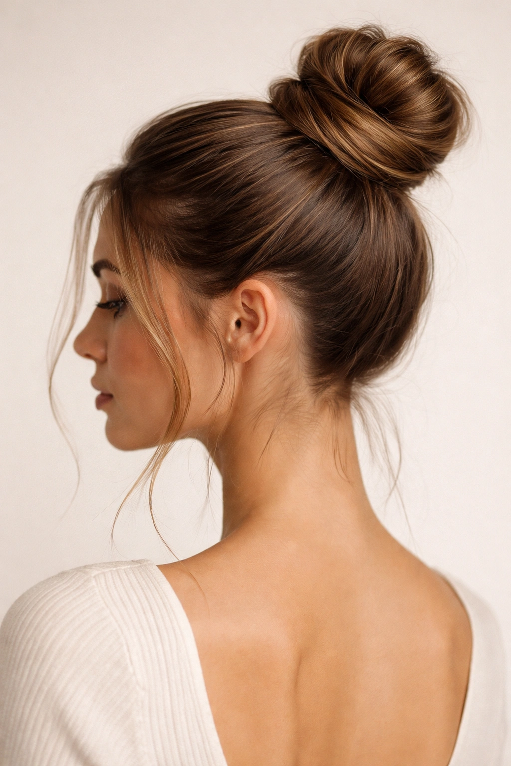 Sleek high bun with face-framing pieces on a neutral background