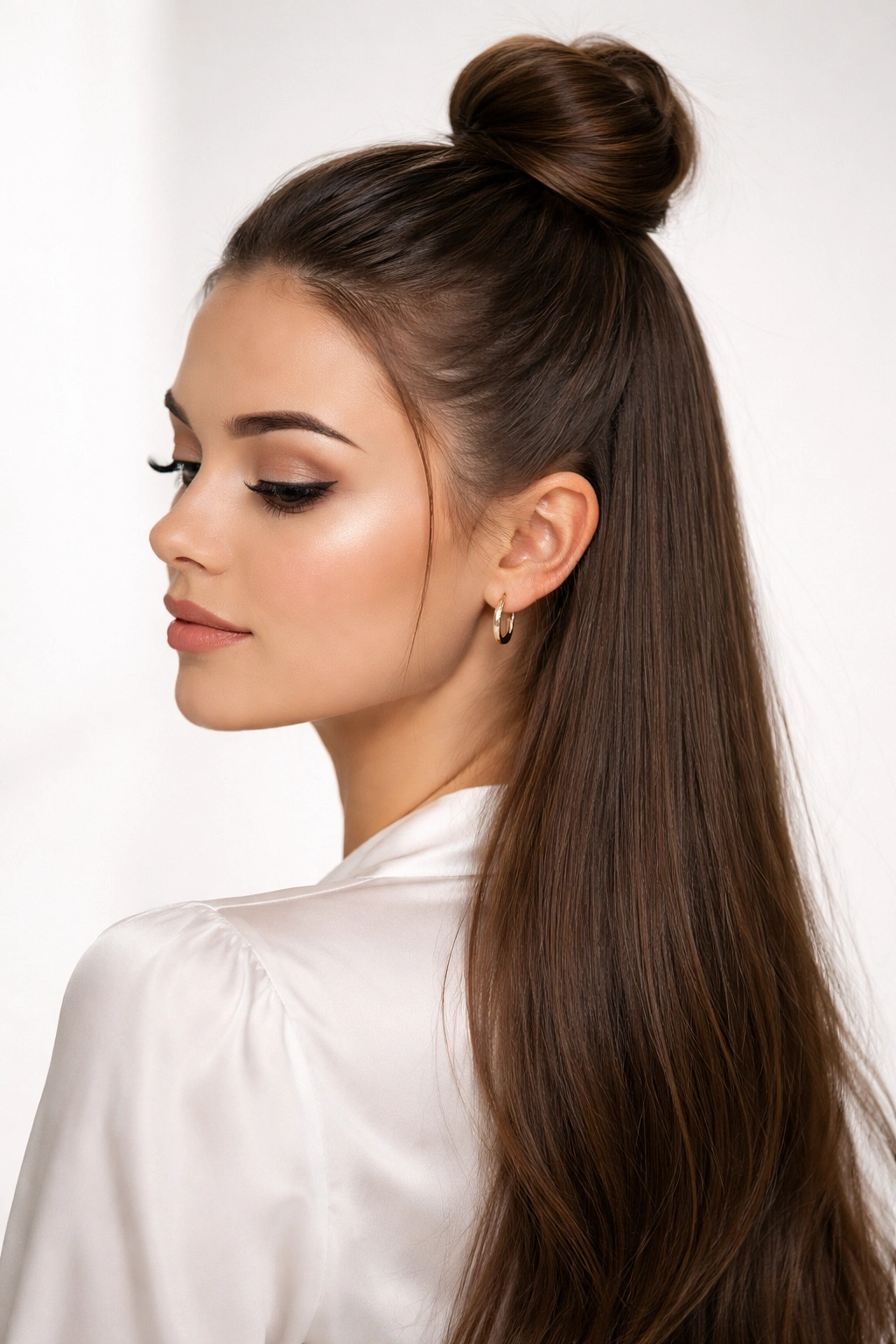 Sleek high half-up bun with glossy straight hair