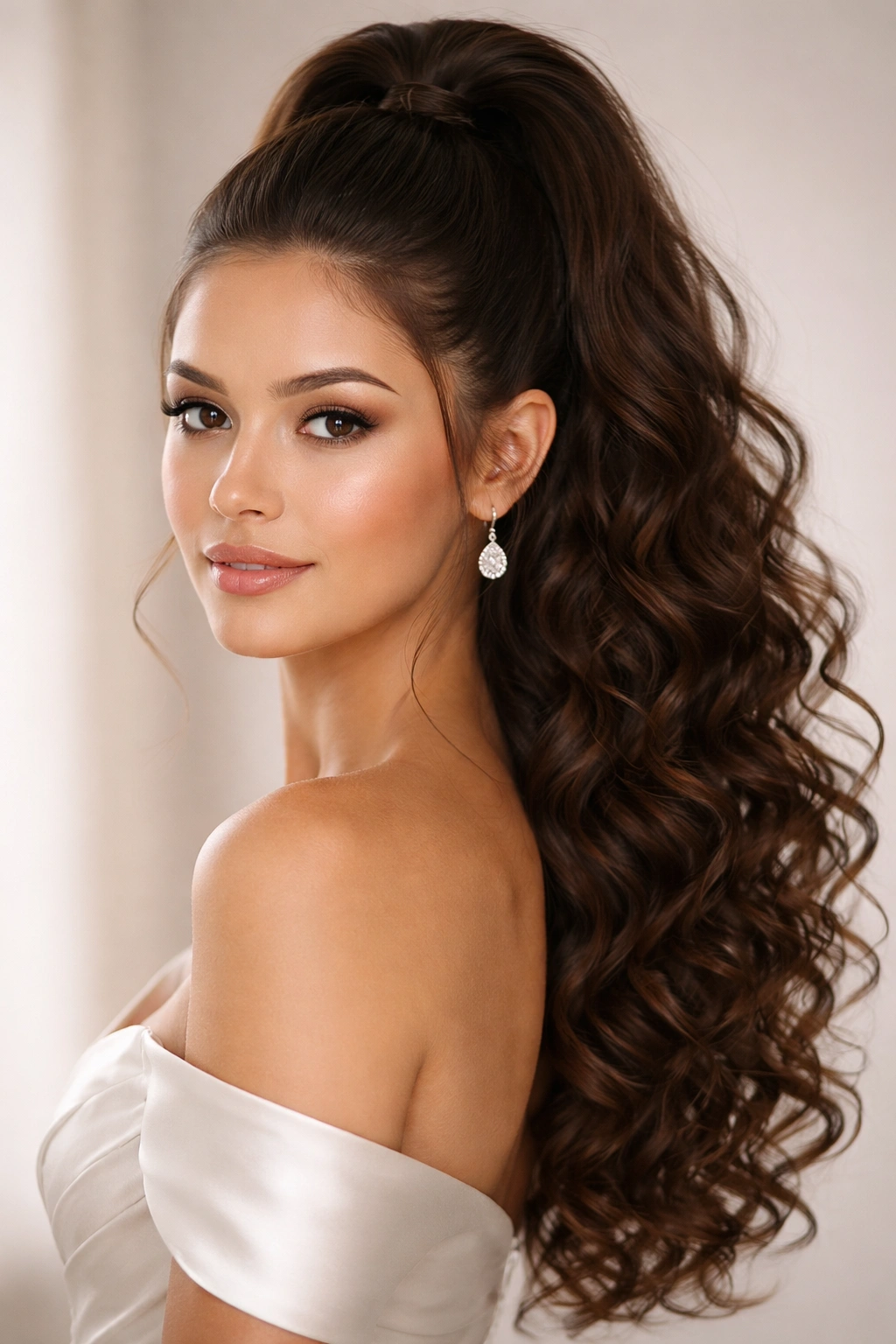 Sleek high half-up hairstyle on curly hair with a clear crown lift