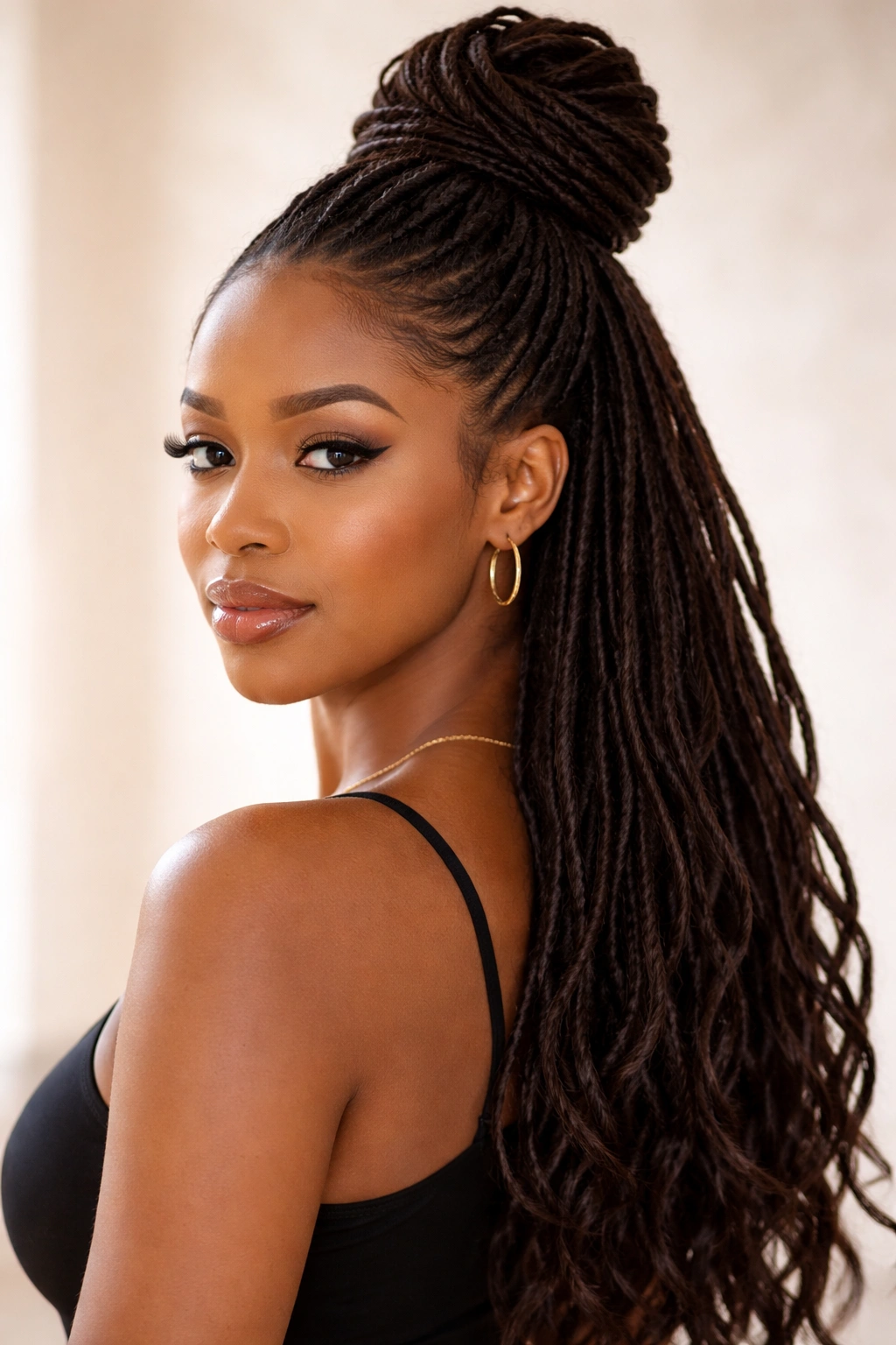 Close-up profile of a Black woman with a sleek high loc bun and glossy locs