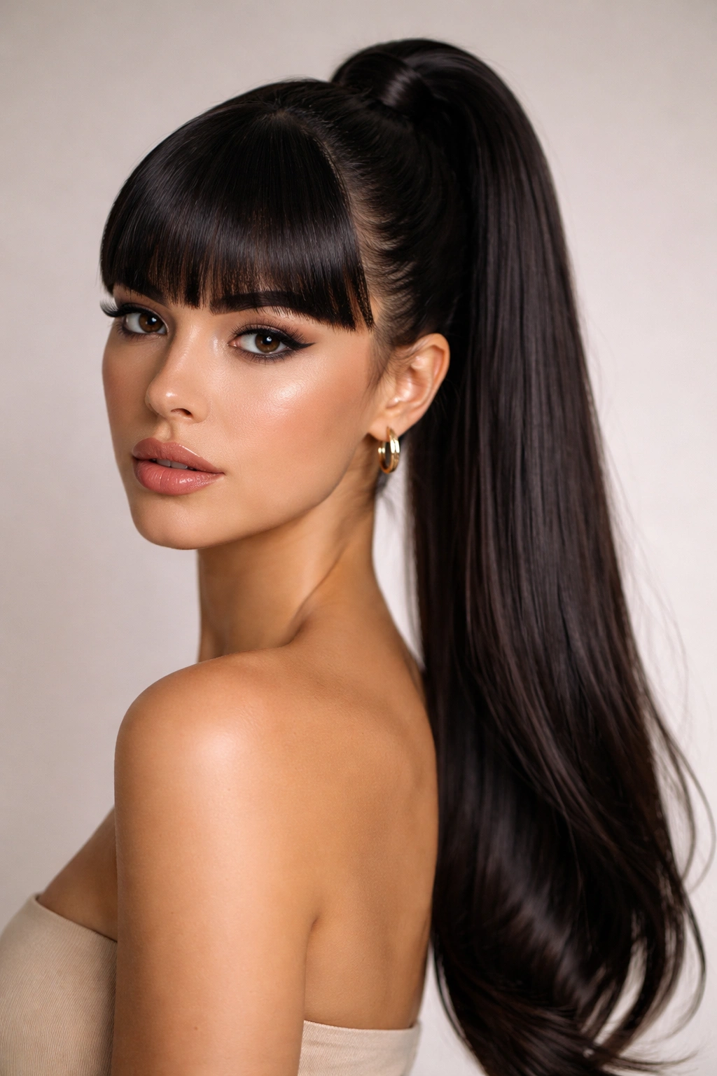 Close-up of a model with a sleek high ponytail and blunt bangs in a studio