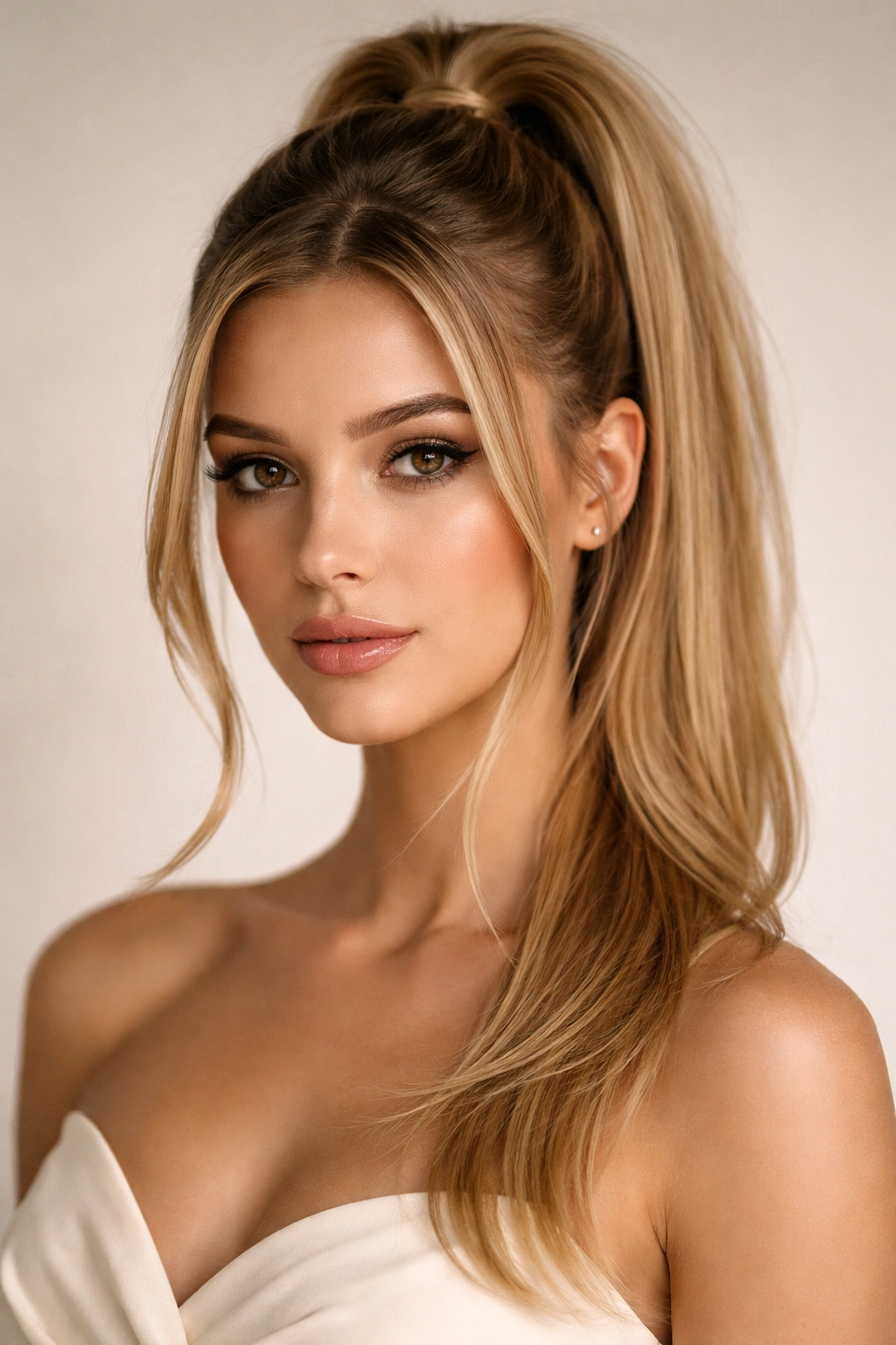 Close-up of a sleek high ponytail with face-framing layers, showcasing precise smoothness for a formal look