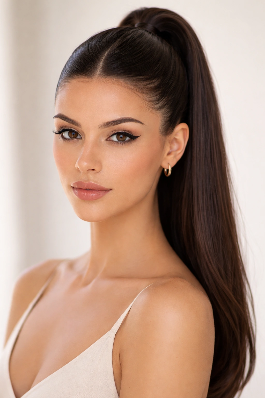 Close-up of a sleek high ponytail with a middle part in studio lighting
