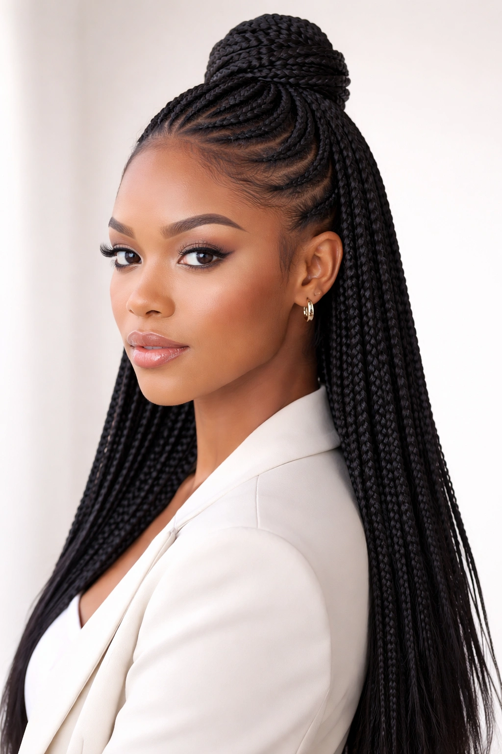 Sleek knotless half-up braid with polished finish