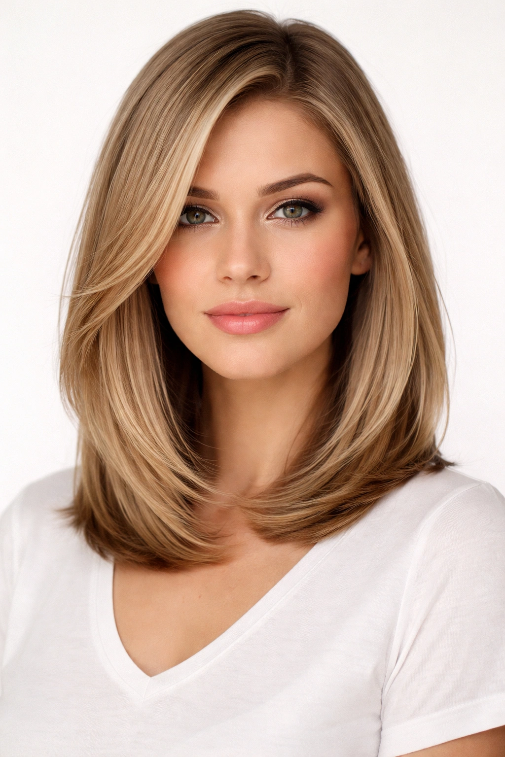 Portrait of a sleek lob with precision layers showing collarbone length and thick face-framing layers