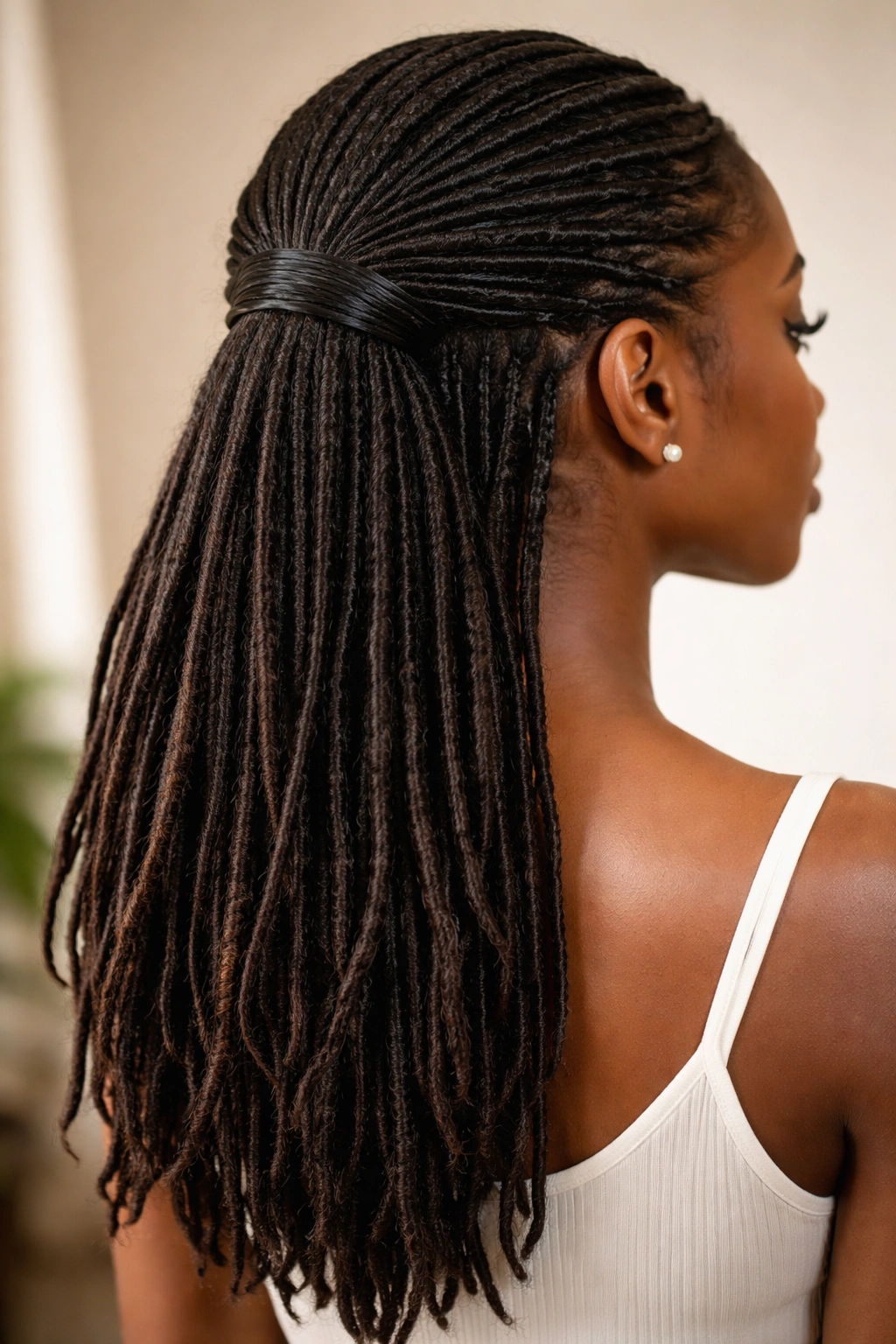 Close-up of a sleek low half up loc hairstyle at the nape on a Black woman