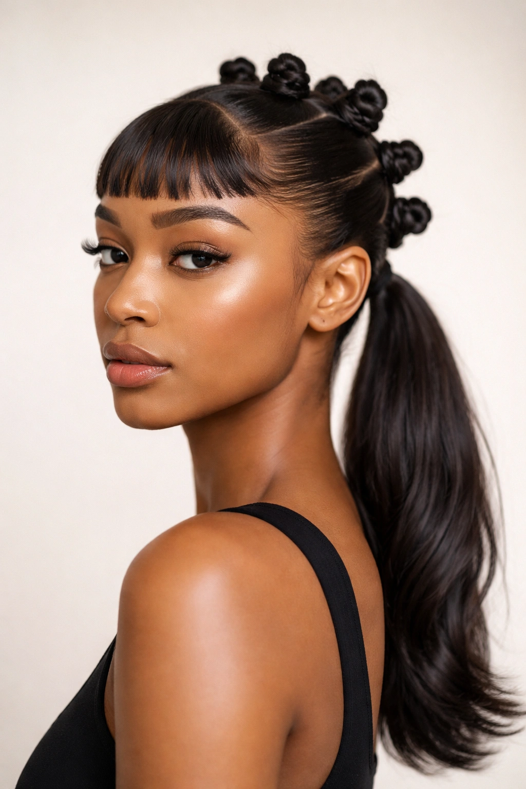 Sleek low bantu knot ponytail with baby bangs in a clean studio