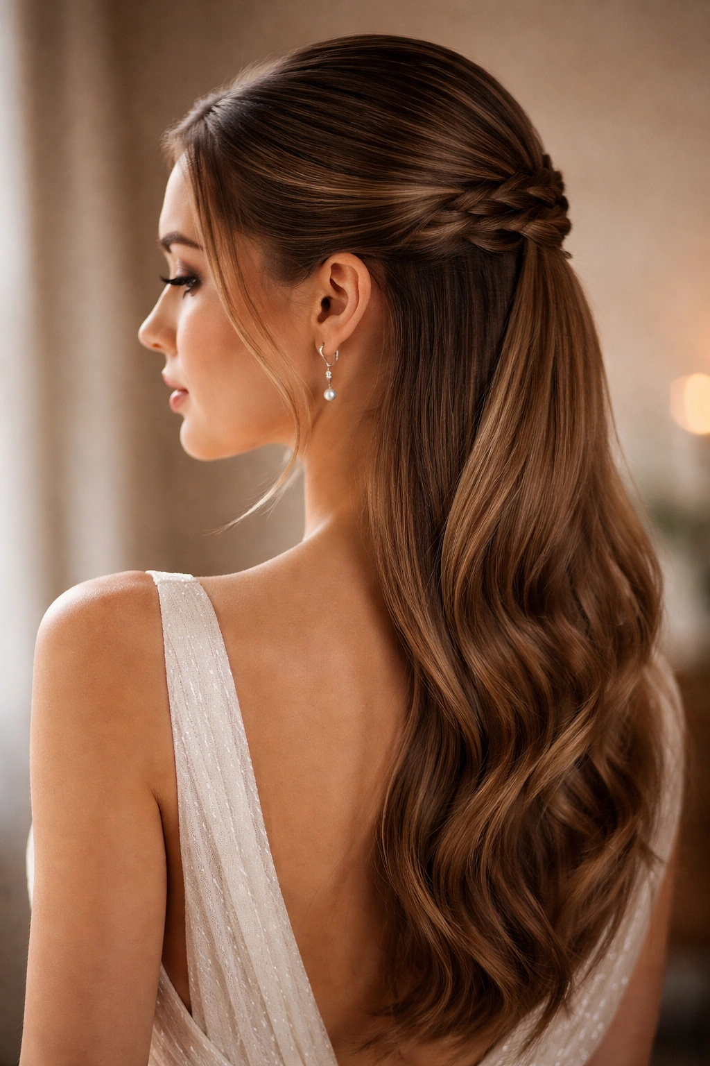 Profile view of The Sleek Low Braid Half-Up with Nape Accent hairstyle showing a low nape braid