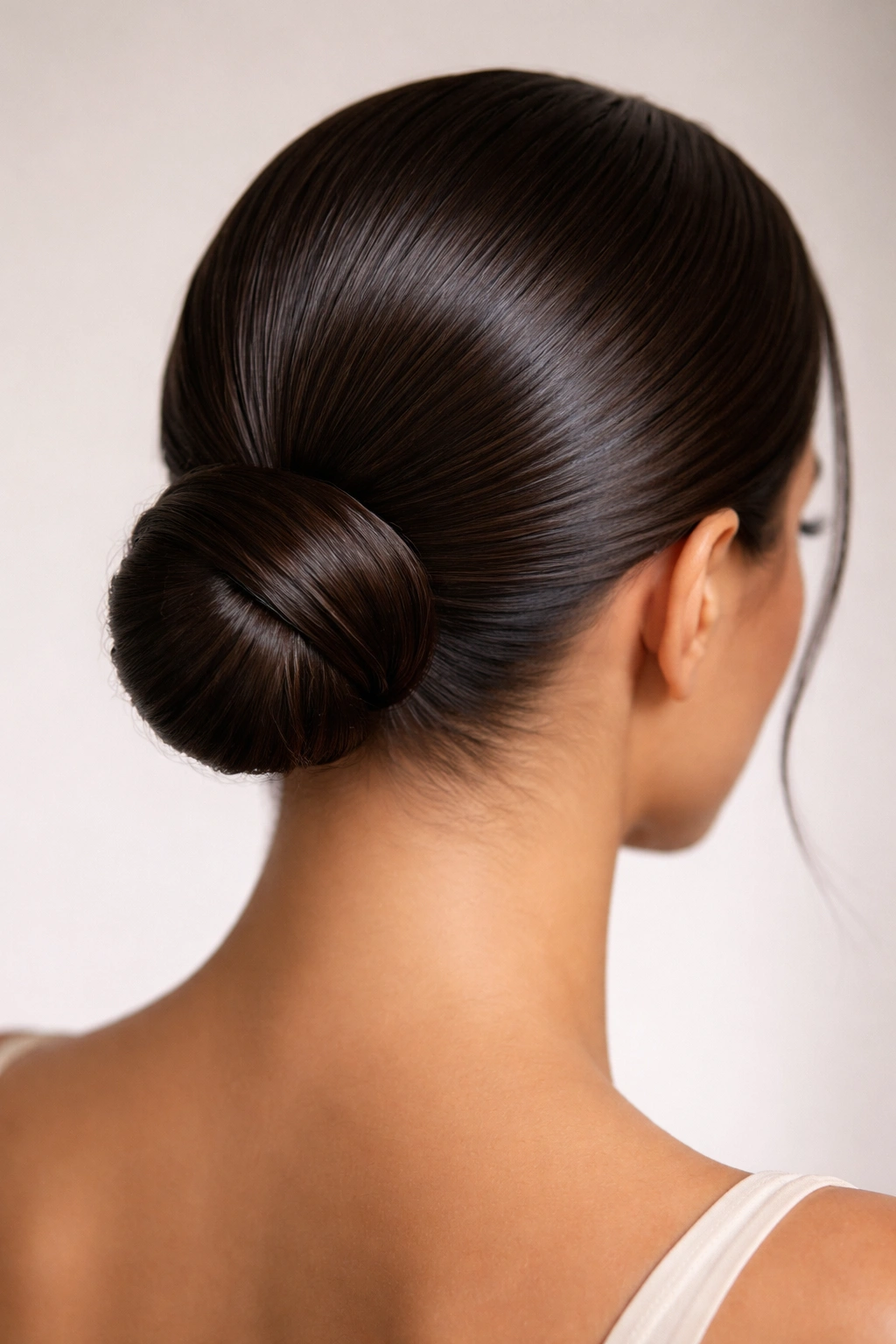Close-up of a sleek low bun with a glossy lacquer finish.
