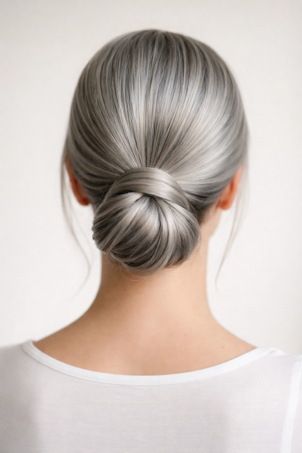 Sleek low bun ponytail hybrid on gray hair with wrapped twists