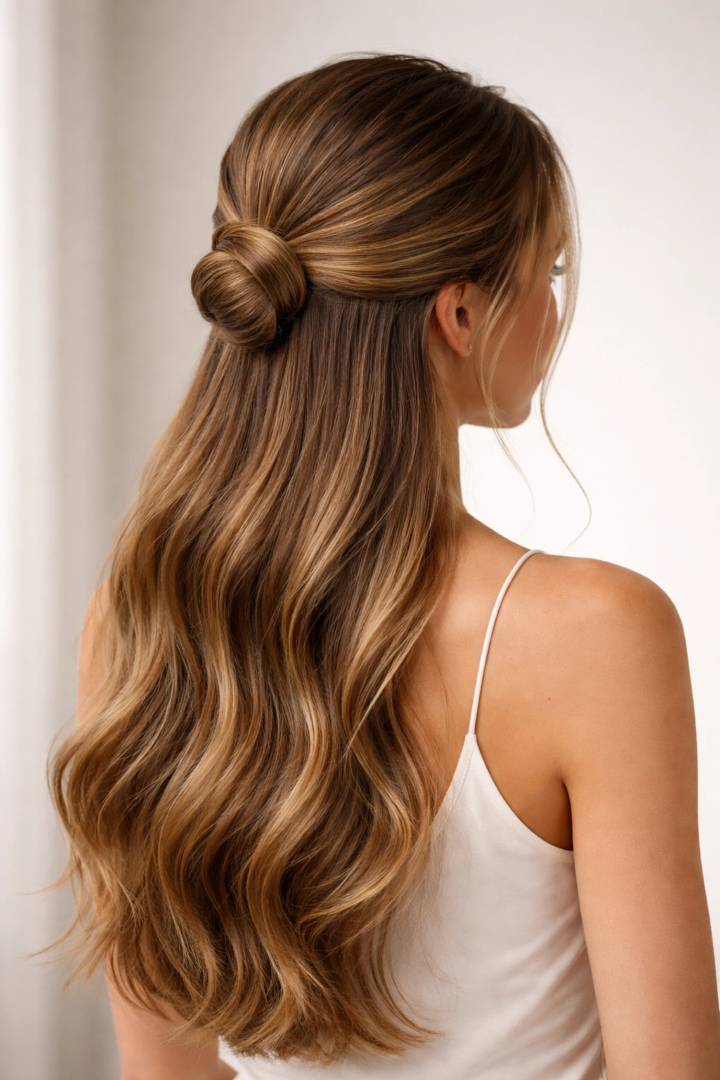 Half up hairstyle with a sleek low bun and flowing hair