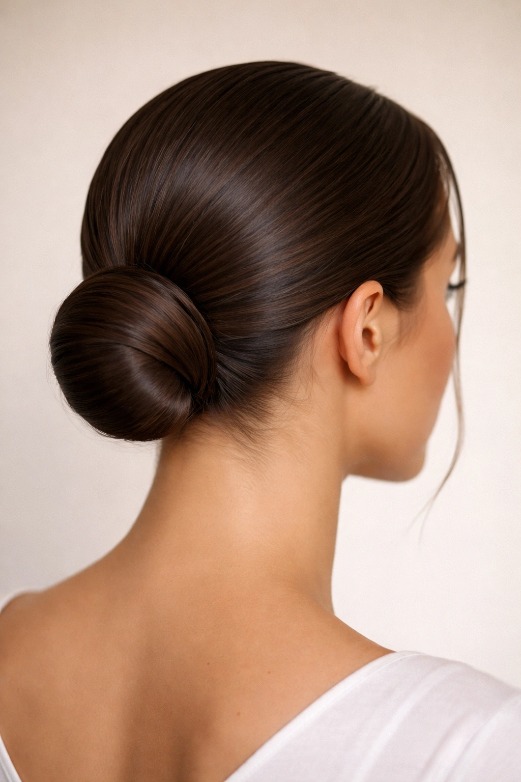 Close-up of a sleek low bun at the nape with smooth, glossy hair