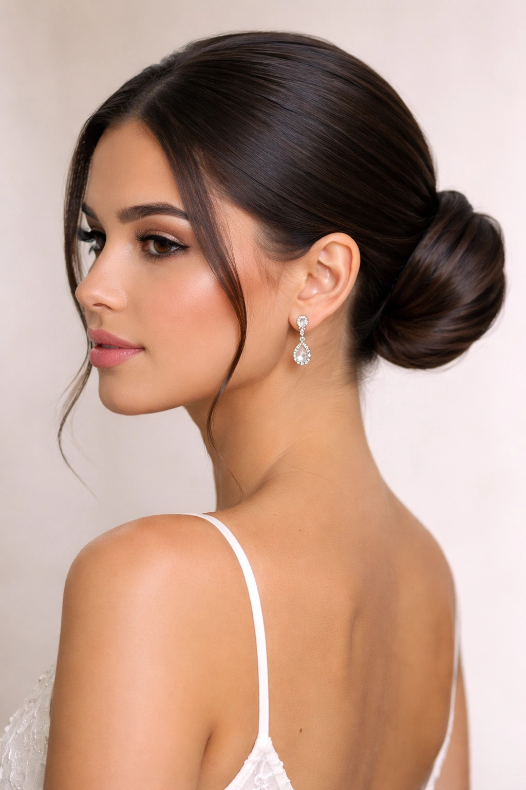 Close-up of The Sleek Low Bun with Side Sections at the nape of the neck.