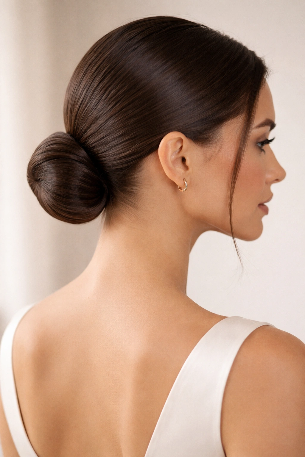 Sleek low bun on straight hair with glossy finish in studio portrait