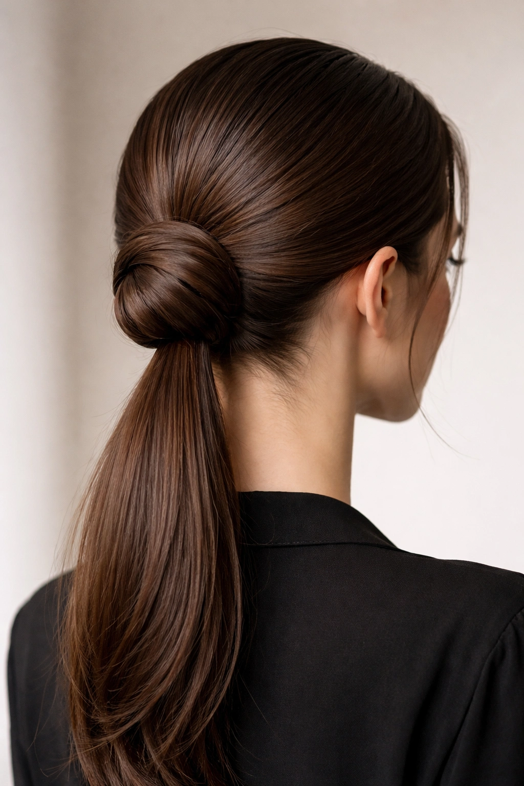 Low sleek ponytail with half tucked into a bun for a polished silhouette