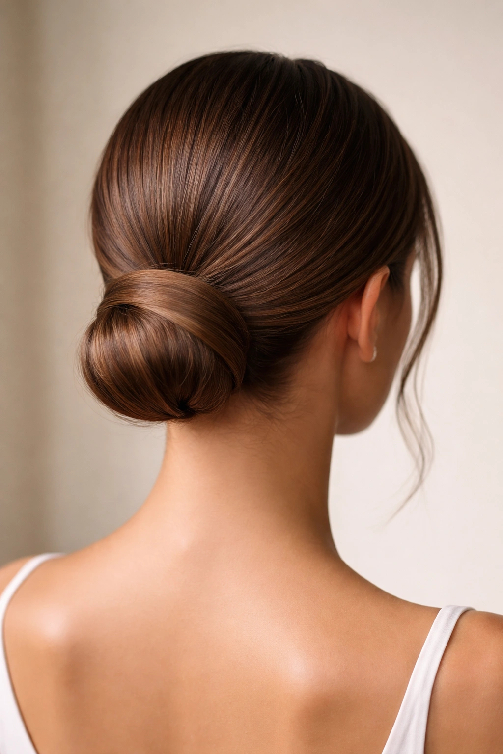 Rear view of a low bun at the nape with a wrap around the base