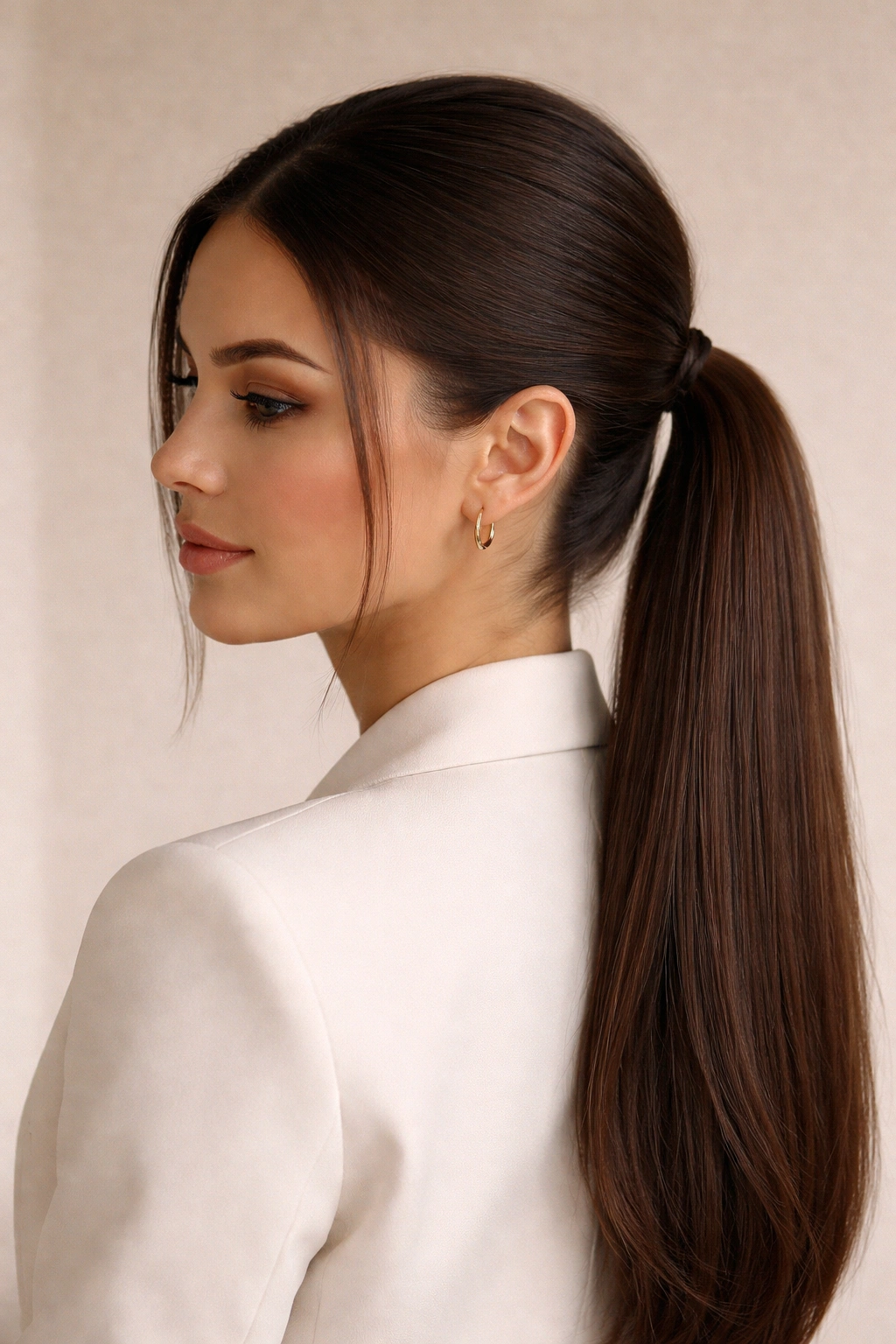 Sleek low half ponytail with smooth straight hair at the nape