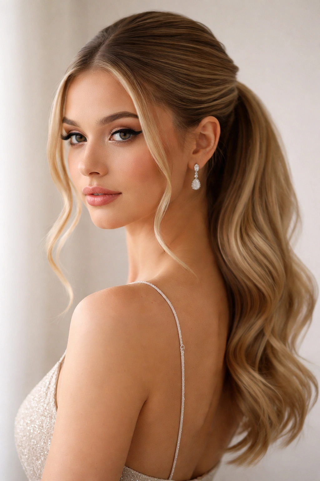 Sleek low half-up hairstyle at nape with face-framing strands