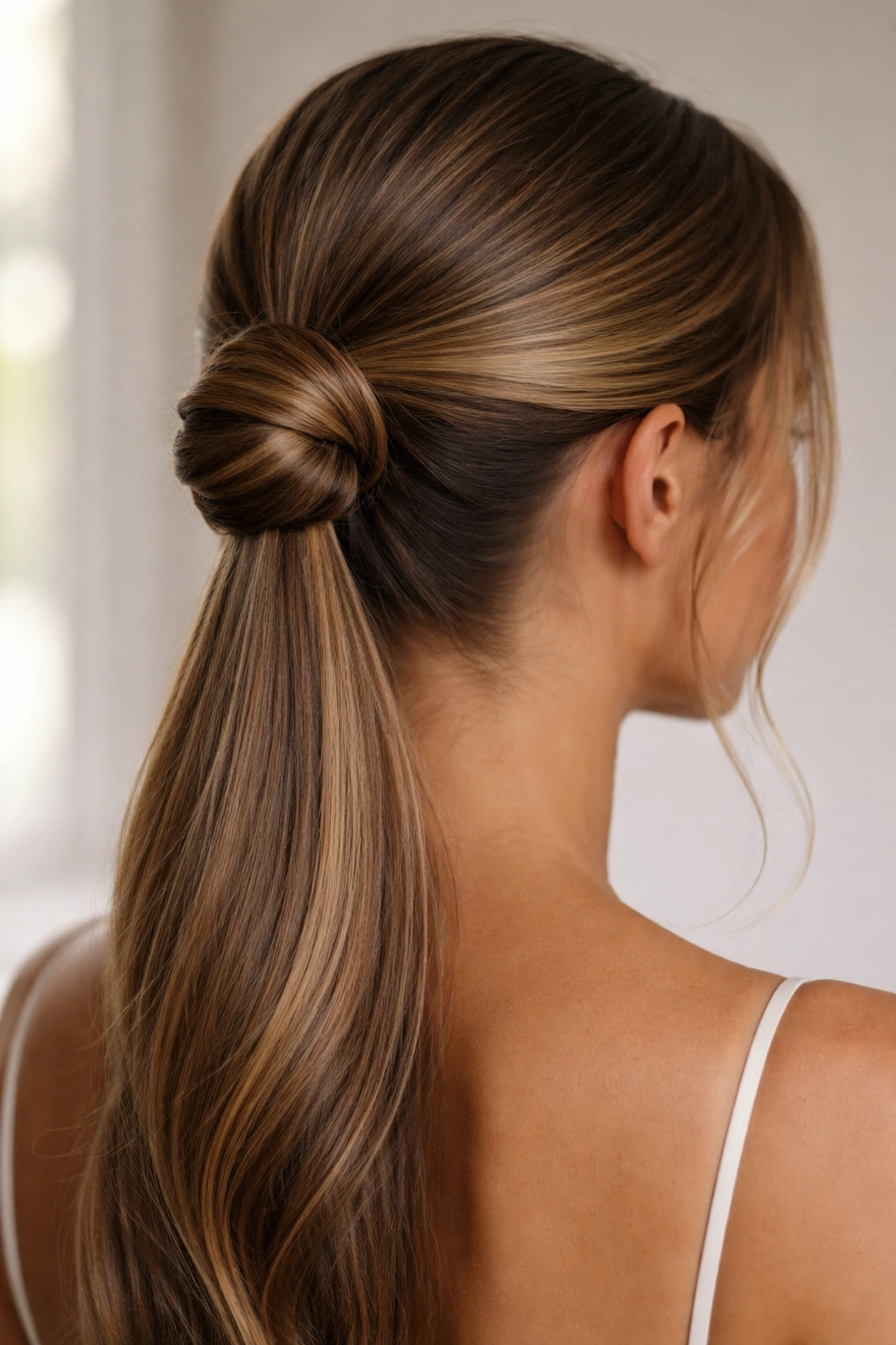 Sleek low half-up ponytail wrapped into a compact bun at the nape