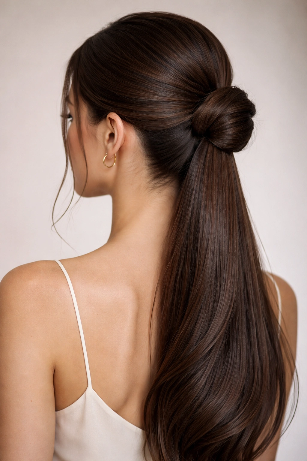 Sleek low half-up bun at the nape with smooth hair