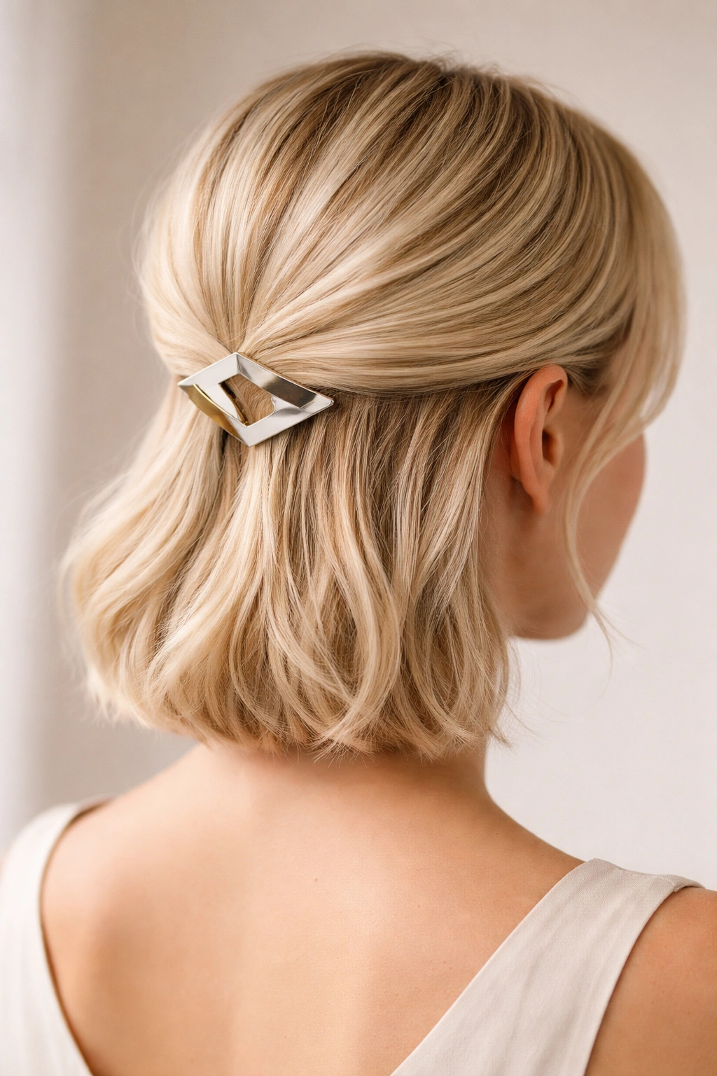 Sleek low half-up with geometric clip on short blonde hair