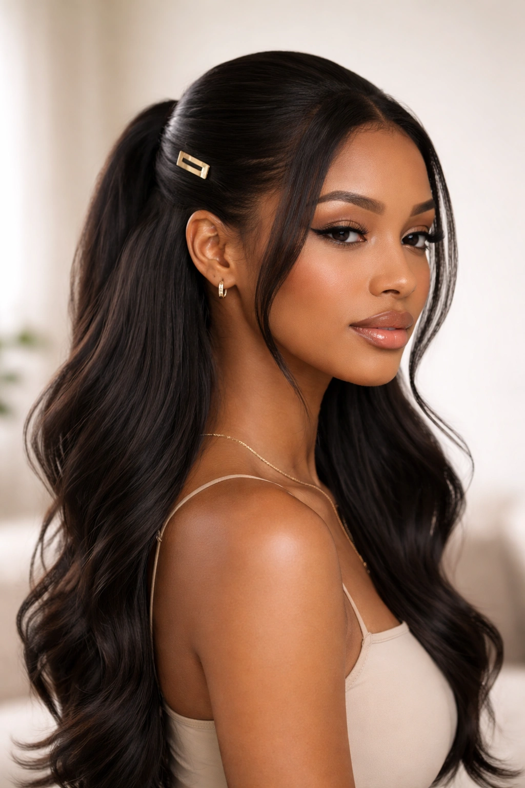 Portrait of sleek low half up half down with minimalist clip hairstyle.