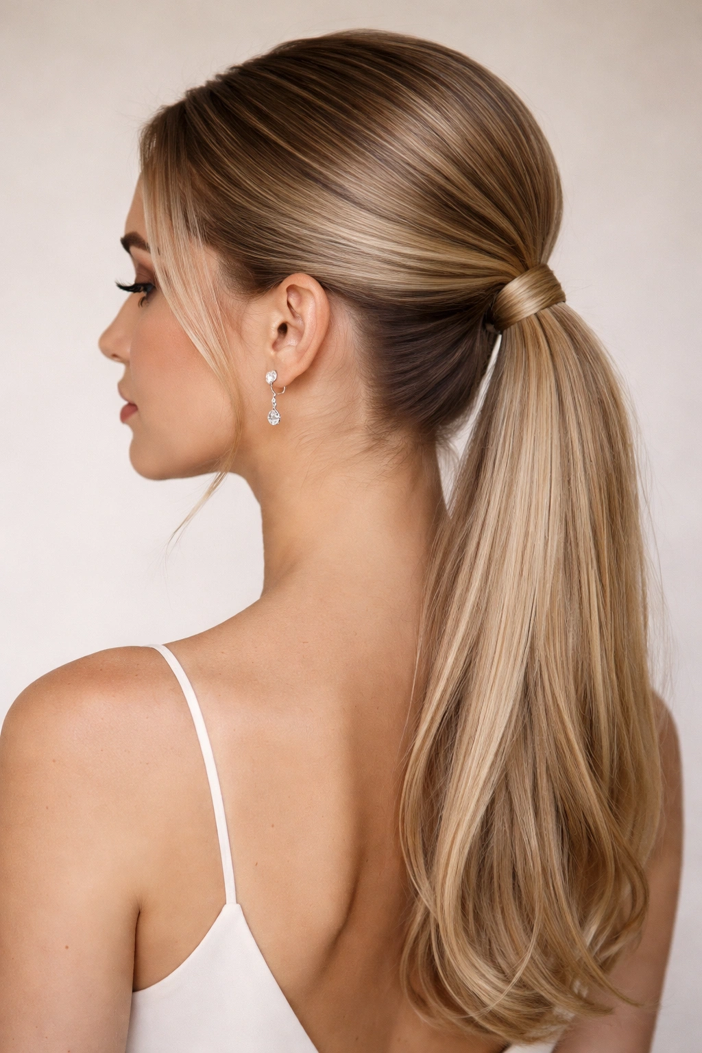 Sleek low half-up ponytail at the nape