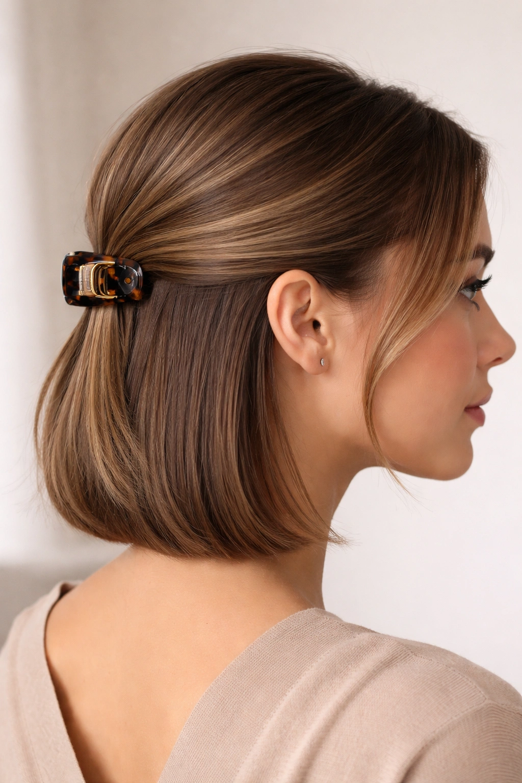 Close-up of Sleek Low Half-Up showing a low hair clip securing straight hair.