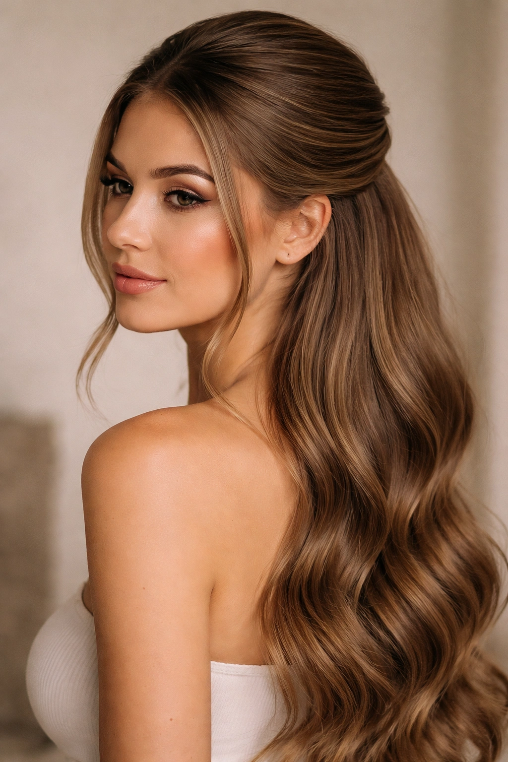 Close-up of The Sleek Low Half-Up with Volume showing a smooth top and soft waves below