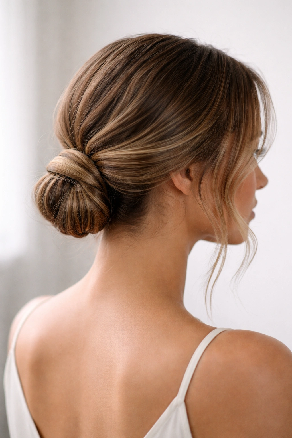 Close-up of a sleek low knot with subtle texture on wavy hair