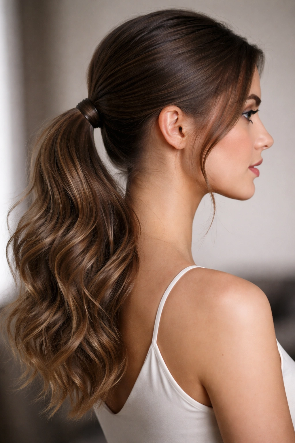 Sleek low pony with textured, wavy ends.